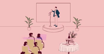 Graaffinen kuva, jossa ihminen puhuu lavalla ja kuulijat istuvat viihtyisässä miljöössä