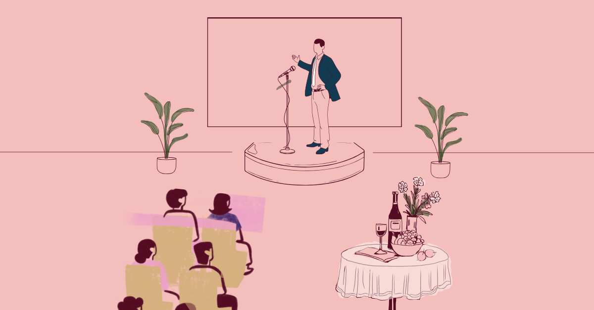 A graffiti image of a person speaking on stage and the audience sitting in a cosy environment